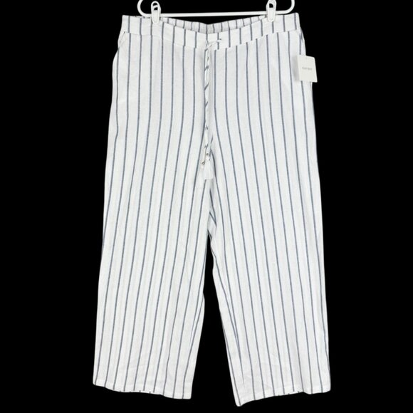 NWT Ellen Tracy Women's Linen Blend Pull-on Straight White Blue Stripe Pants XL - Picture 1 of 11